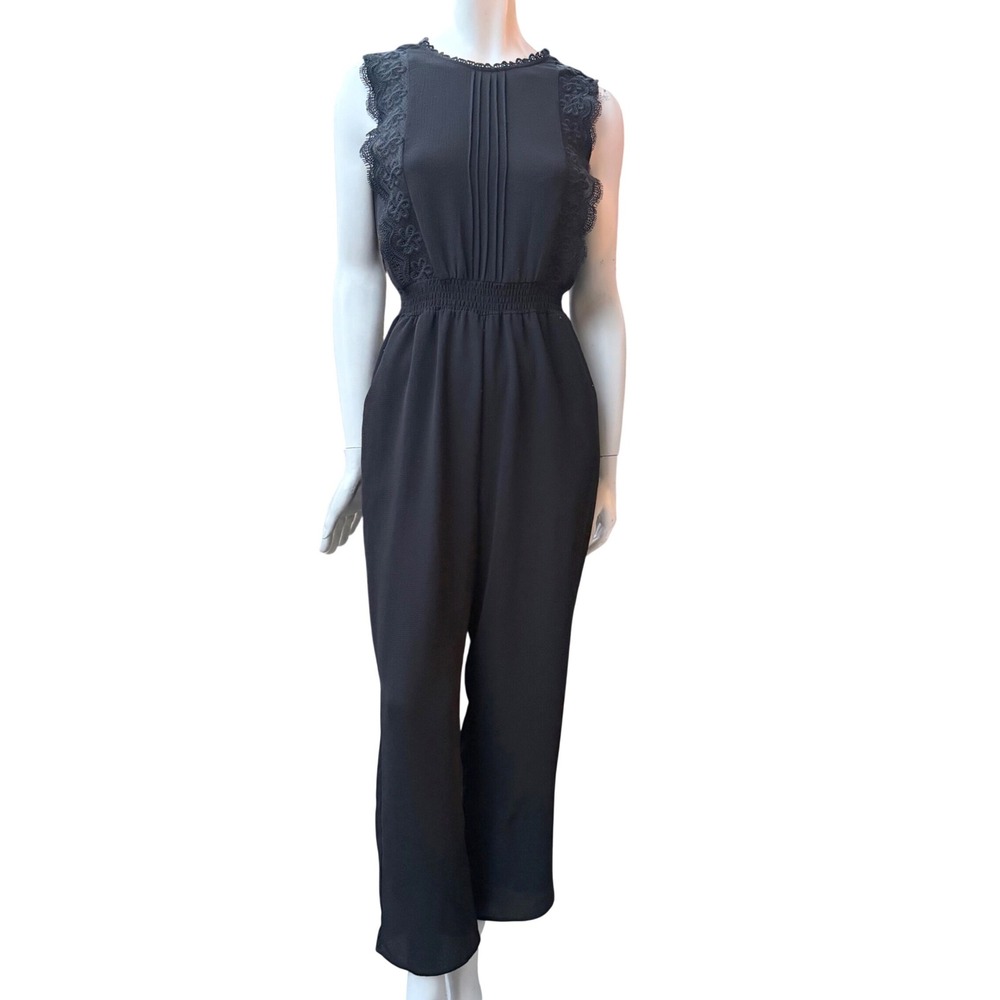 Monteau Black Lace Trim Pintuck Jumpsuit Smocked Waist Dark Coquette Girlhood S